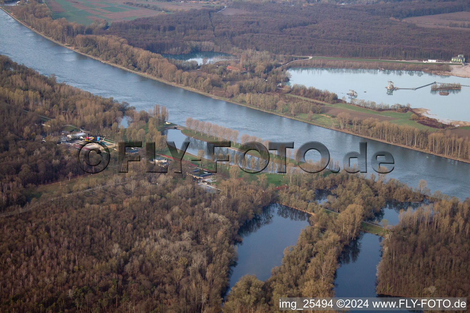 Aerial view of Rappenwörth, Rhine beach in the district Daxlanden in Karlsruhe in the state Baden-Wuerttemberg, Germany