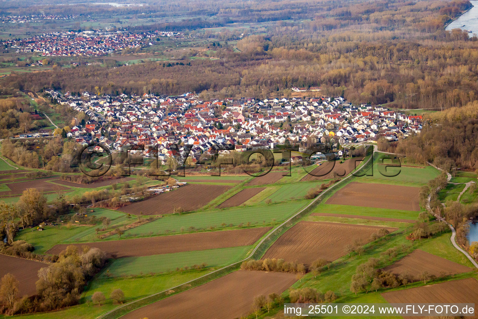 From northeast in the district Neuburgweier in Rheinstetten in the state Baden-Wuerttemberg, Germany