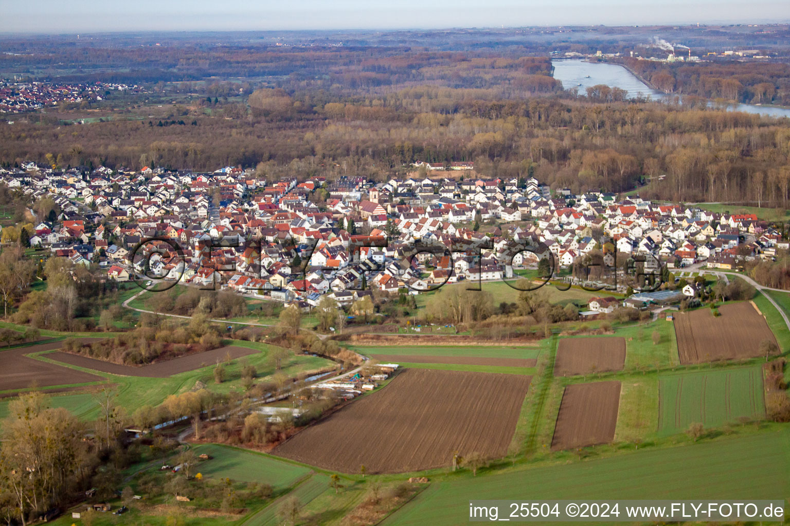 Aerial view of From northeast in the district Neuburgweier in Rheinstetten in the state Baden-Wuerttemberg, Germany