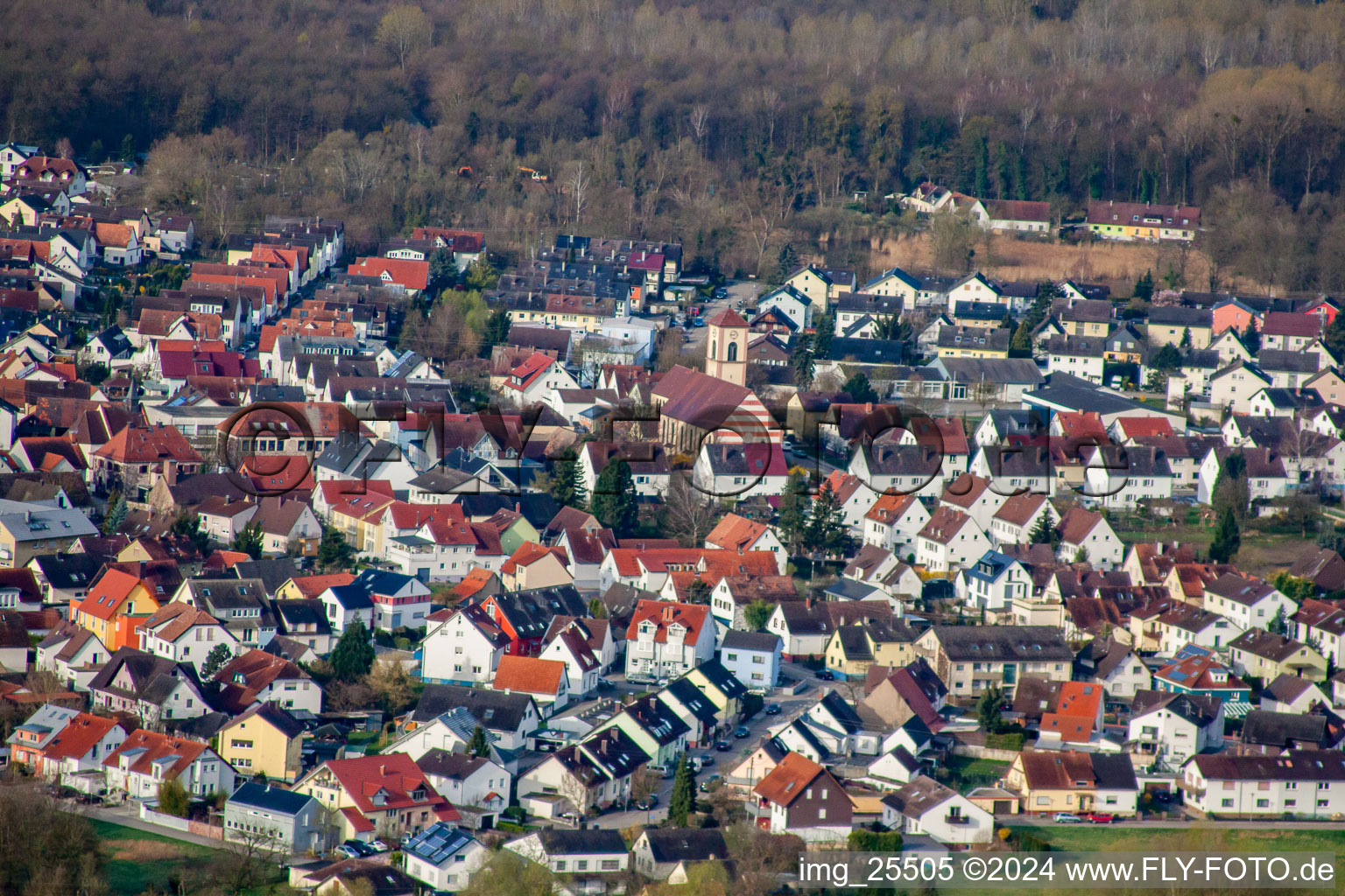 Aerial photograpy of From the east in the district Neuburgweier in Rheinstetten in the state Baden-Wuerttemberg, Germany