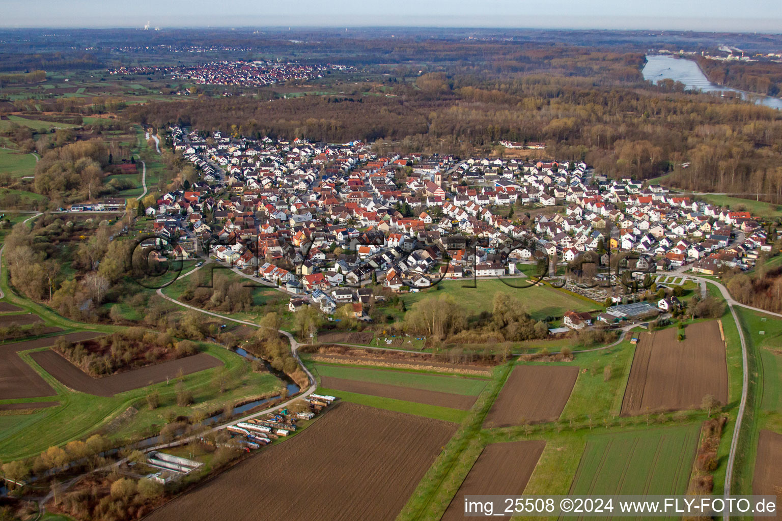 Aerial photograpy of From northeast in the district Neuburgweier in Rheinstetten in the state Baden-Wuerttemberg, Germany