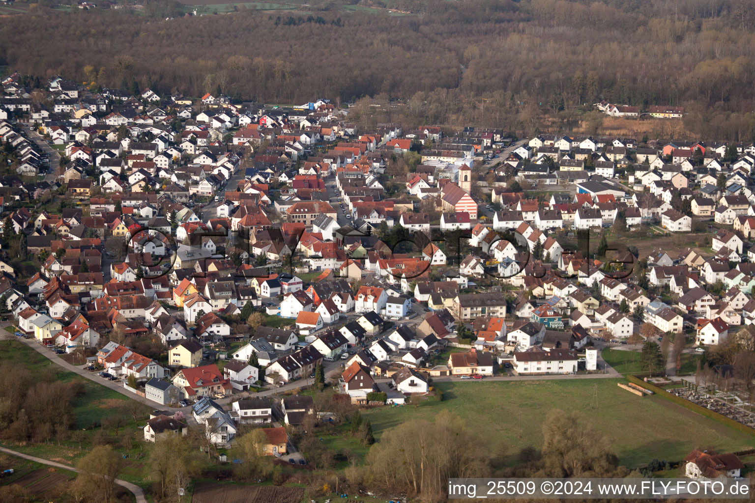 Village view in the district Neuburgweier in Rheinstetten in the state Baden-Wuerttemberg, Germany