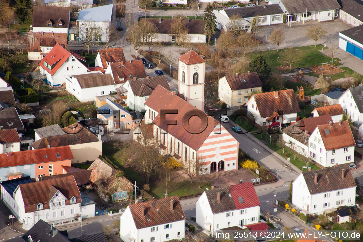 Aerial view of St. Ursula Church in the district Neuburgweier in Rheinstetten in the state Baden-Wuerttemberg, Germany