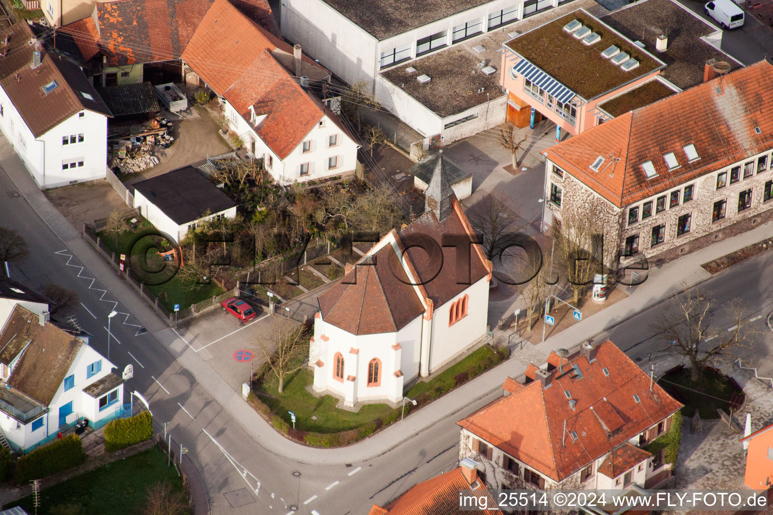 Aerial view of St. Ursula Chapel in the district Neuburgweier in Rheinstetten in the state Baden-Wuerttemberg, Germany