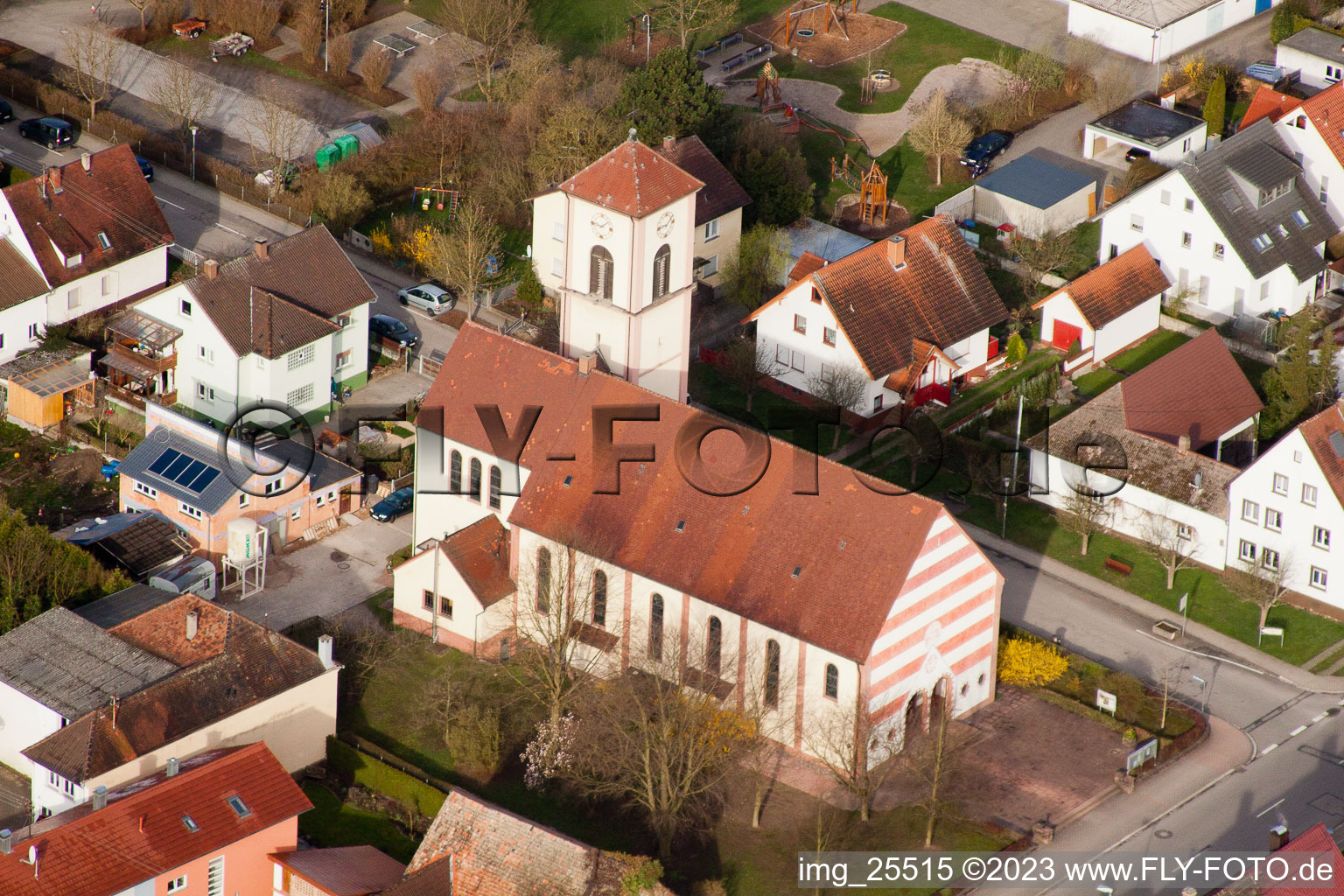 Aerial photograpy of St. Ursula Church in the district Neuburgweier in Rheinstetten in the state Baden-Wuerttemberg, Germany