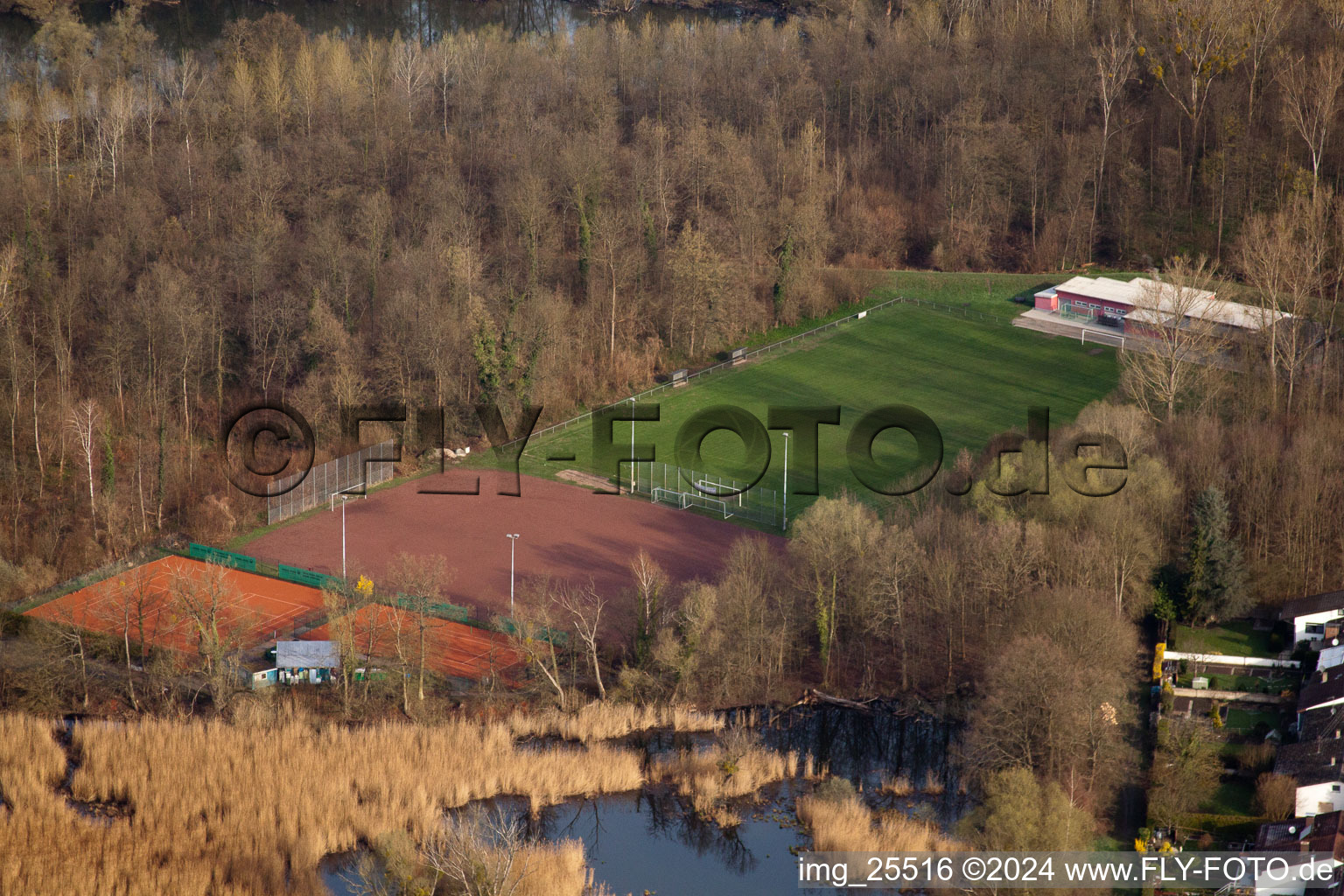 Football field and tennis court in the district Neuburgweier in Rheinstetten in the state Baden-Wuerttemberg, Germany