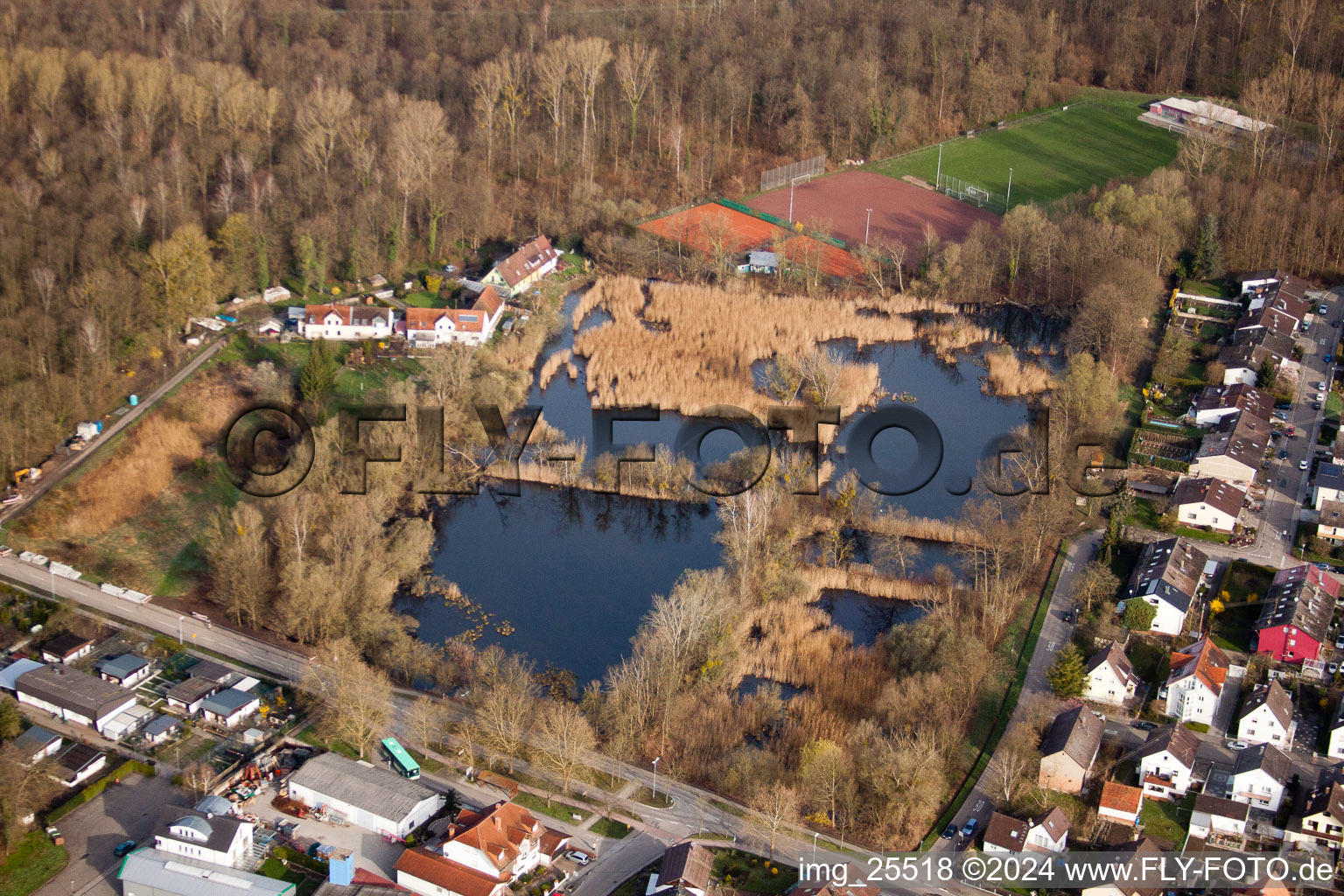 Aerial view of Biotopes on the forest path in the district Neuburgweier in Rheinstetten in the state Baden-Wuerttemberg, Germany