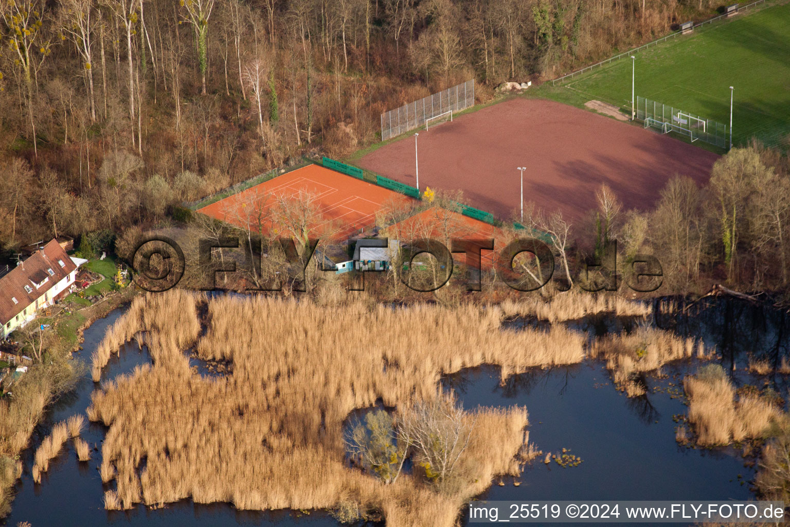 Aerial view of Football field and tennis court in the district Neuburgweier in Rheinstetten in the state Baden-Wuerttemberg, Germany