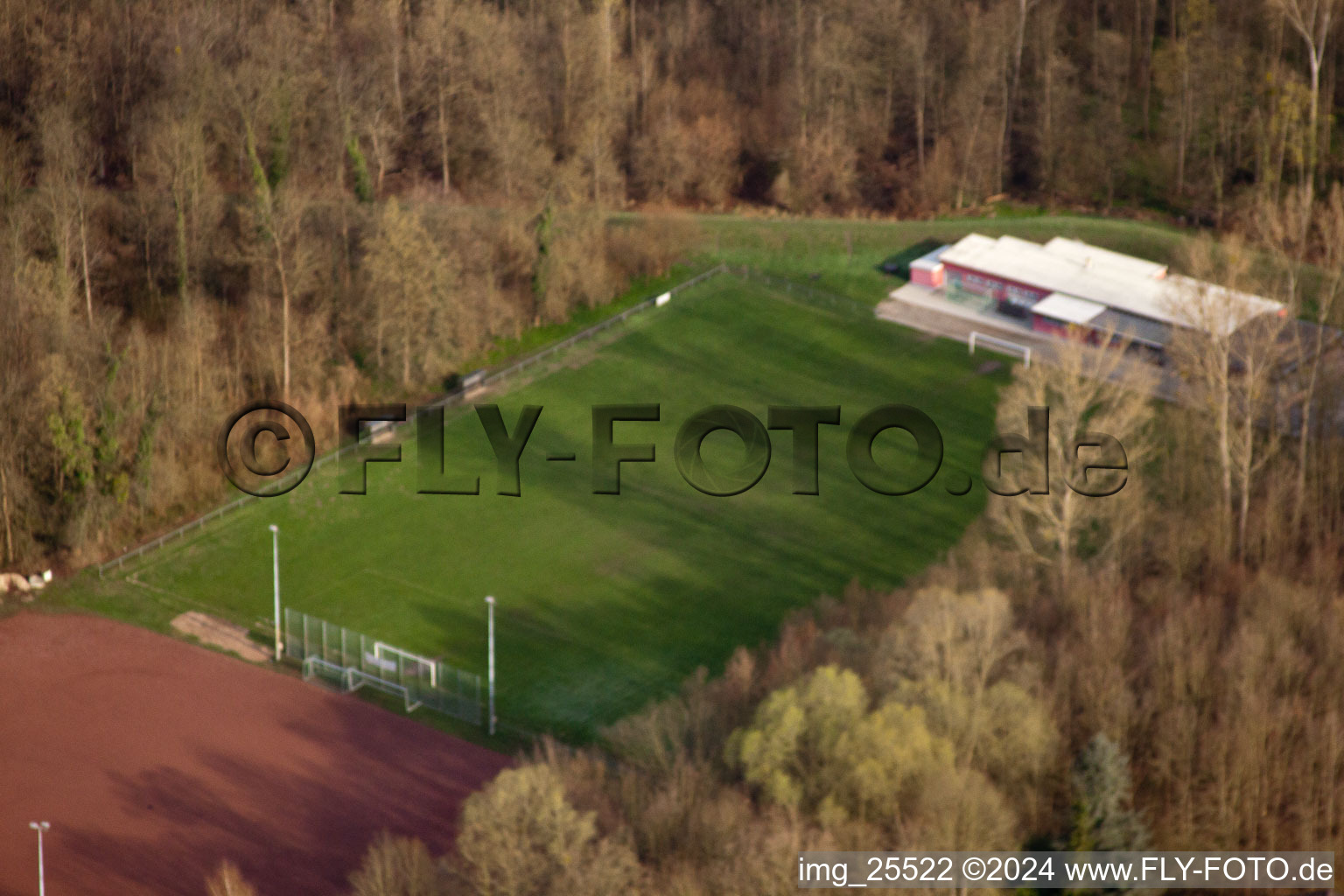 Aerial photograpy of Football field and tennis court in the district Neuburgweier in Rheinstetten in the state Baden-Wuerttemberg, Germany