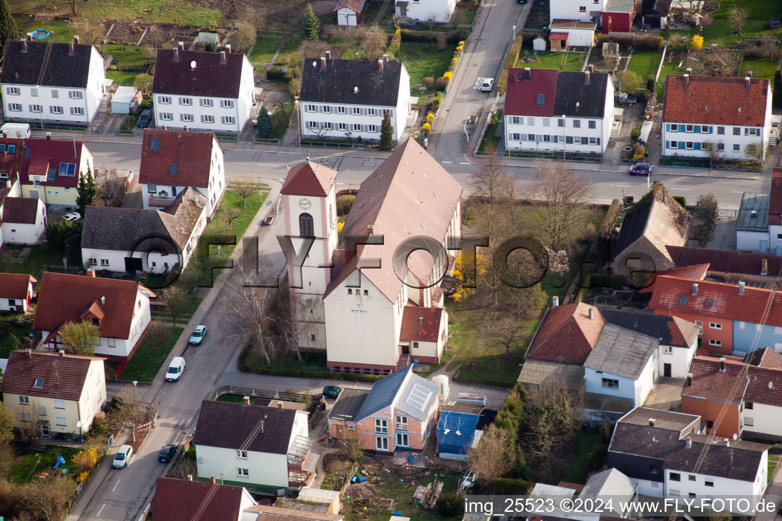 St. Ursula Church from the southwest in the district Neuburgweier in Rheinstetten in the state Baden-Wuerttemberg, Germany