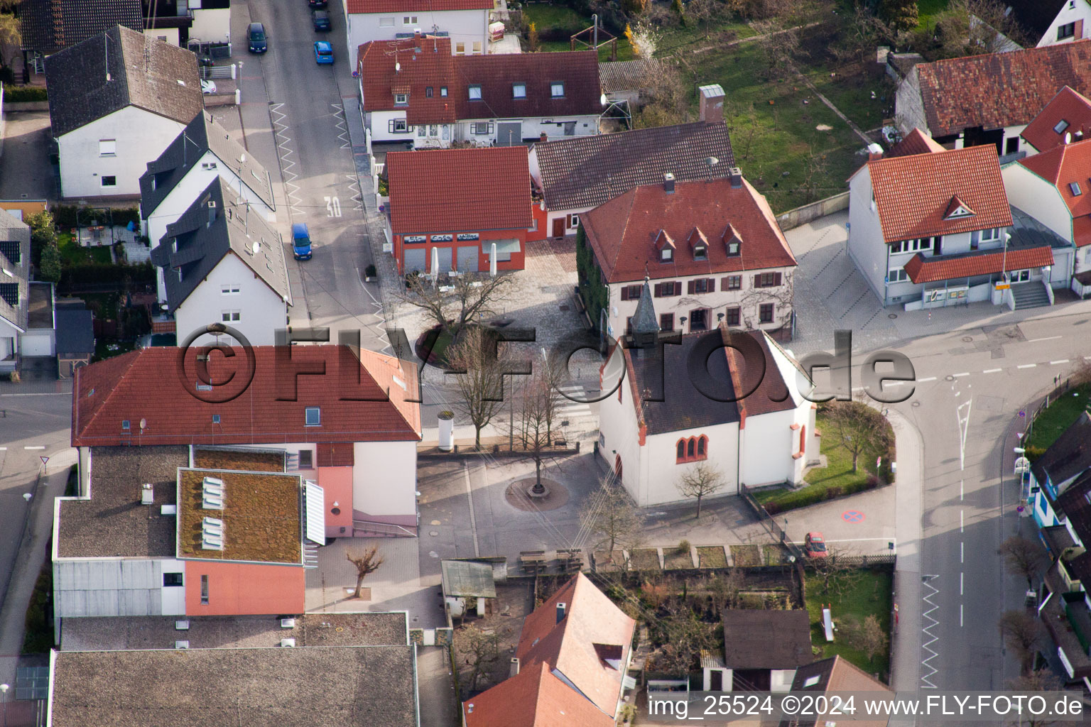 St. Ursula Chapel from the southwest in the district Neuburgweier in Rheinstetten in the state Baden-Wuerttemberg, Germany