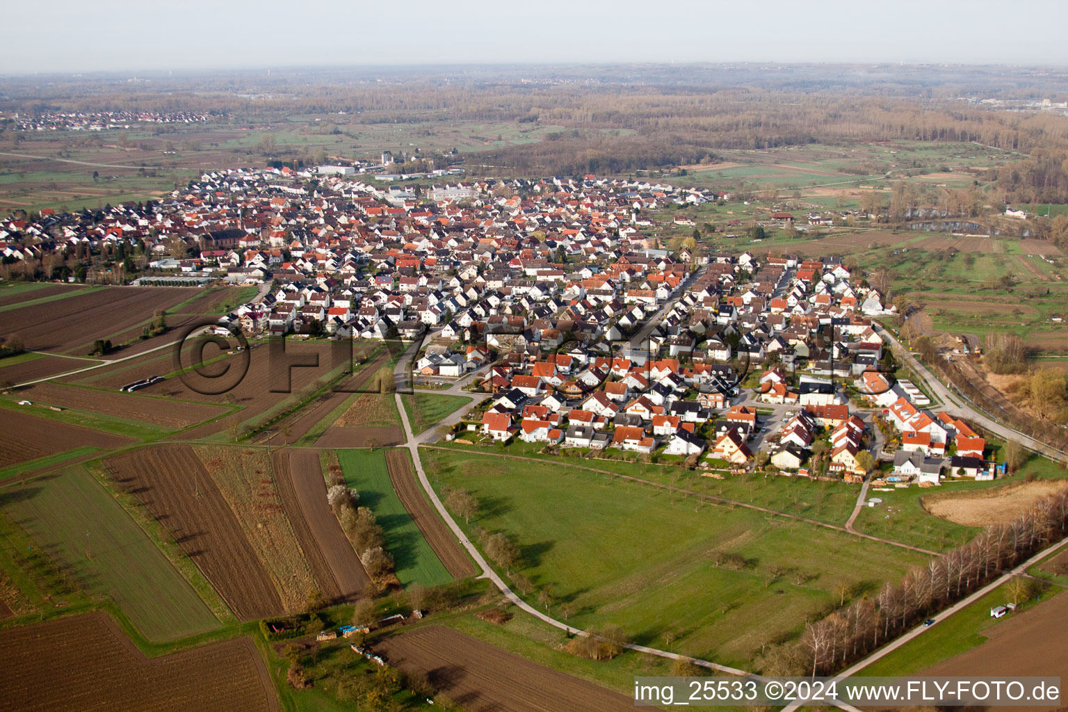 Au am Rhein in the state Baden-Wuerttemberg, Germany viewn from the air