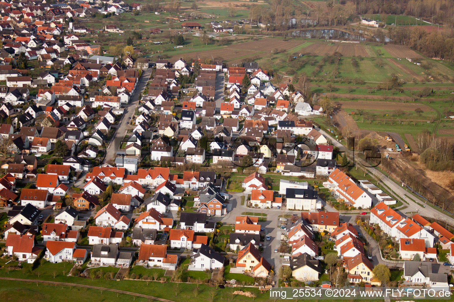 Au am Rhein in the state Baden-Wuerttemberg, Germany viewn from the air