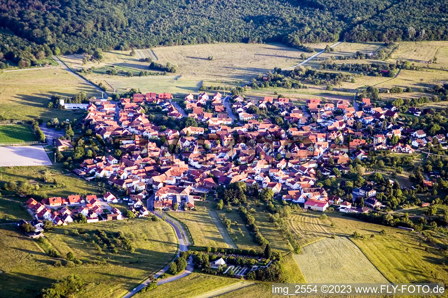 Aerial view of Village - view on the edge of agricultural fields and farmland in the district Buechelberg in Woerth am Rhein in the state Rhineland-Palatinate