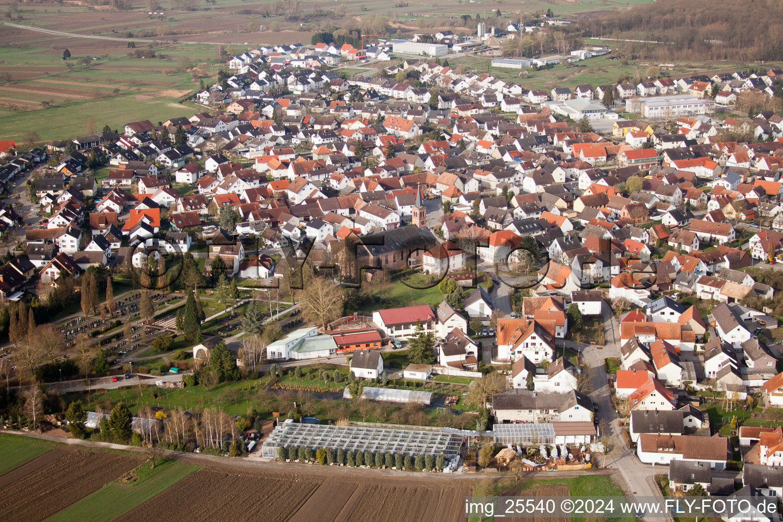 Aerial view of Town View of the streets and houses of the residential areas in the district Neuburgweier in Au am Rhein in the state Baden-Wurttemberg