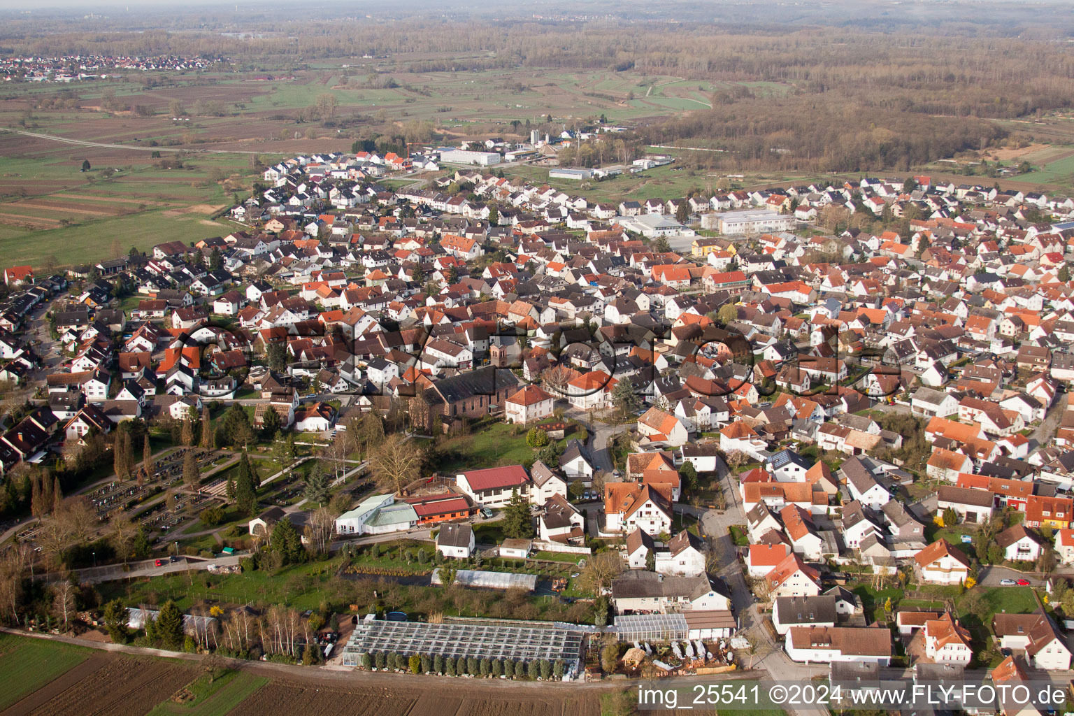 Aerial view of Au am Rhein in the state Baden-Wuerttemberg, Germany