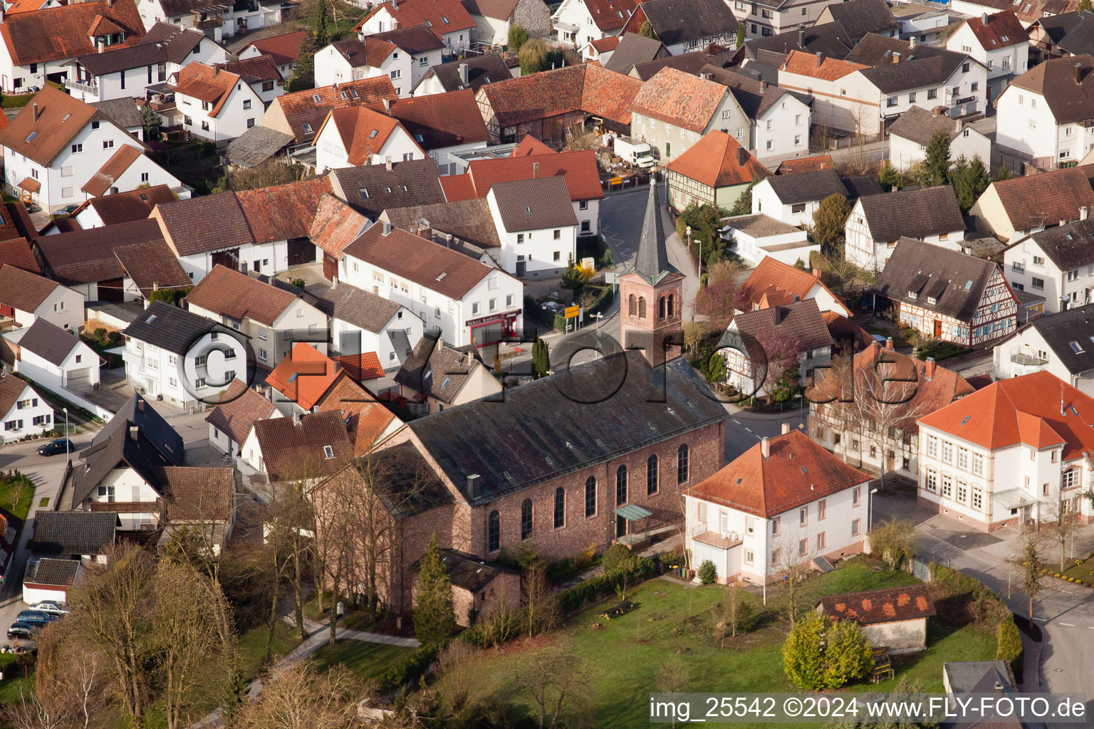 Aerial photograpy of Town View of the streets and houses of the residential areas in the district Neuburgweier in Au am Rhein in the state Baden-Wurttemberg