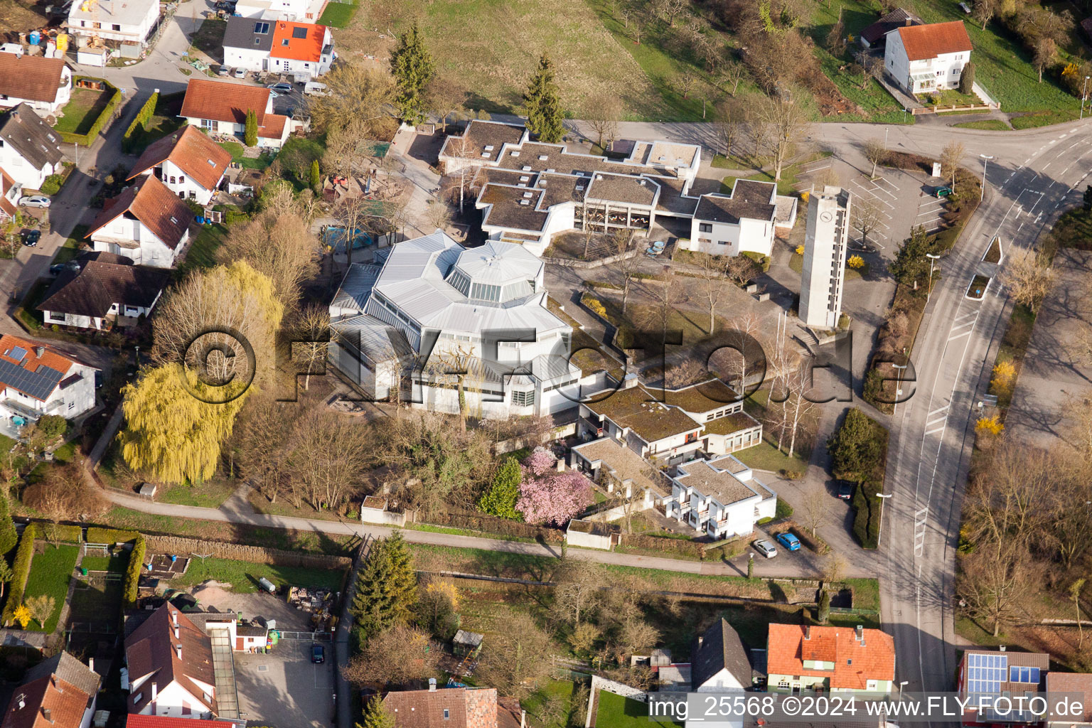 Church tower and tower roof at the church building in the district Illingen in Elchesheim-Illingen in the state Baden-Wurttemberg