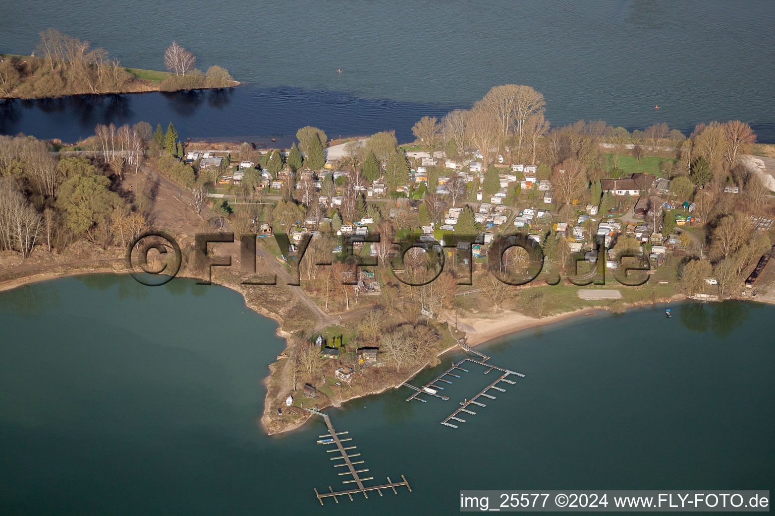 Aerial view of Lake Island on the Gold Channel in Steinmauern in the state Baden-Wuerttemberg, Germany