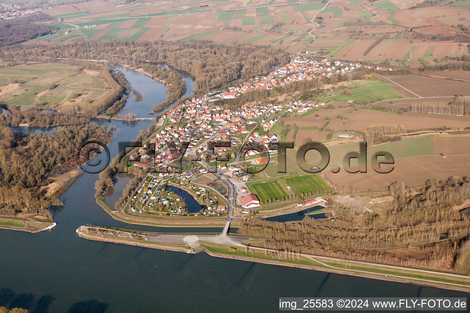 Aerial photograpy of Riparian areas along the river mouth of the Sauer river in Munchhausen in Grand Est, France