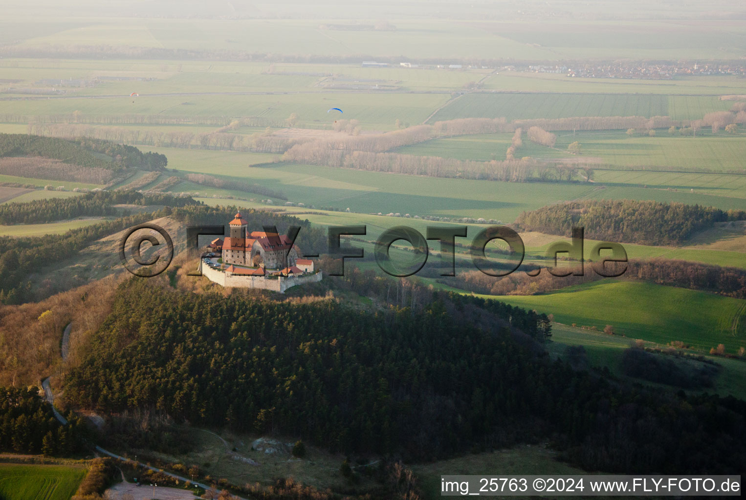 Aerial view of Castle of the fortress Wachsenburg in Amt Wachsenburg in the state Thuringia