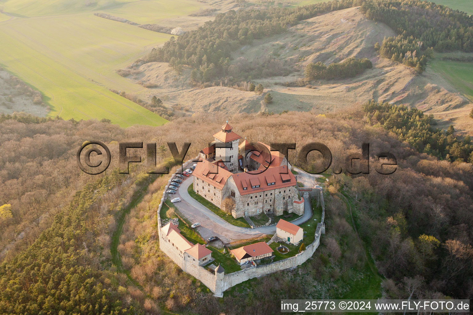 Aerial photograpy of Castle of the fortress Wachsenburg in Amt Wachsenburg in the state Thuringia