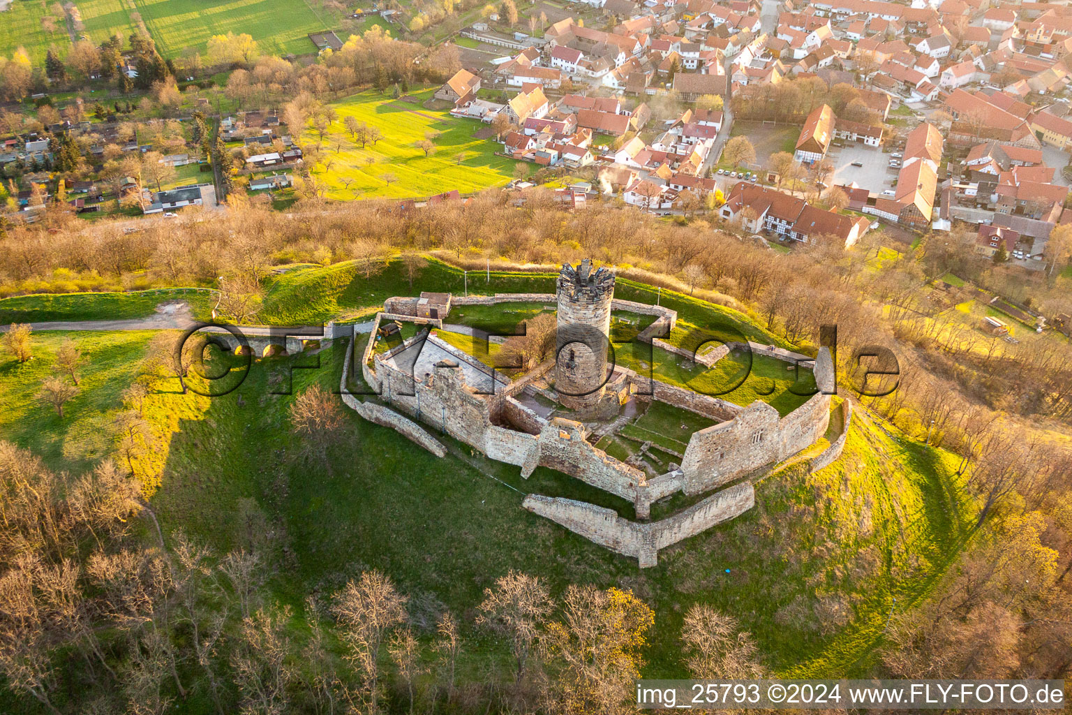 Ruins and vestiges of the former castle and fortress Muehlburg in the district Muehlberg in Drei Gleichen in the state Thuringia, Germany out of the air