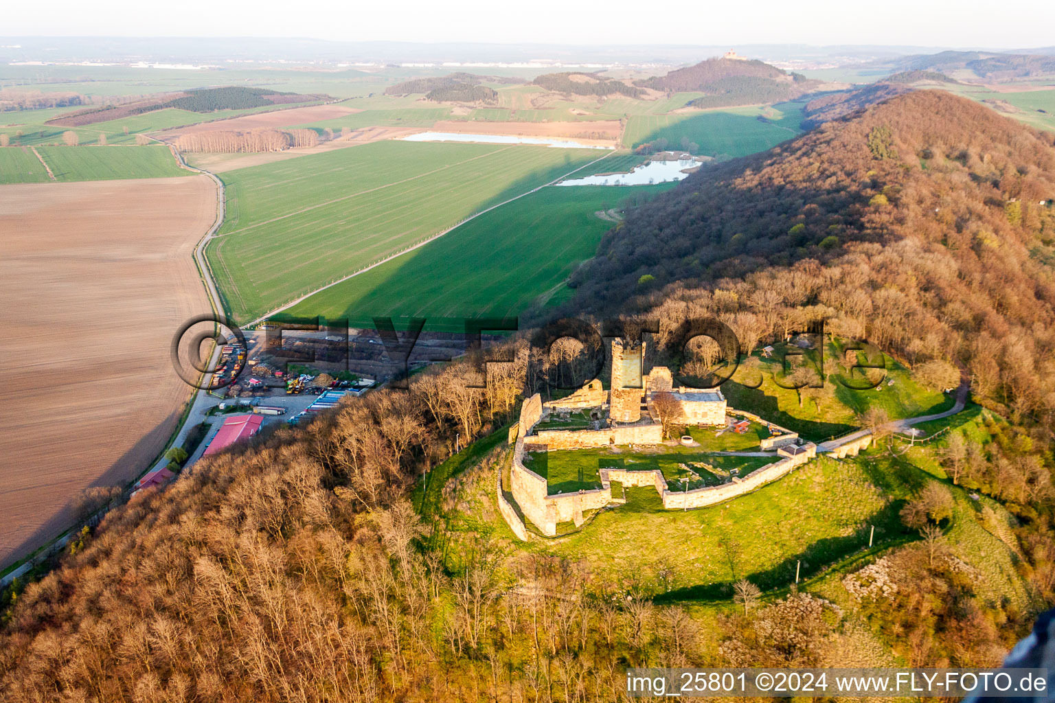 Ruins and vestiges of the former castle and fortress Muehlburg in the district Muehlberg in Drei Gleichen in the state Thuringia, Germany seen from above