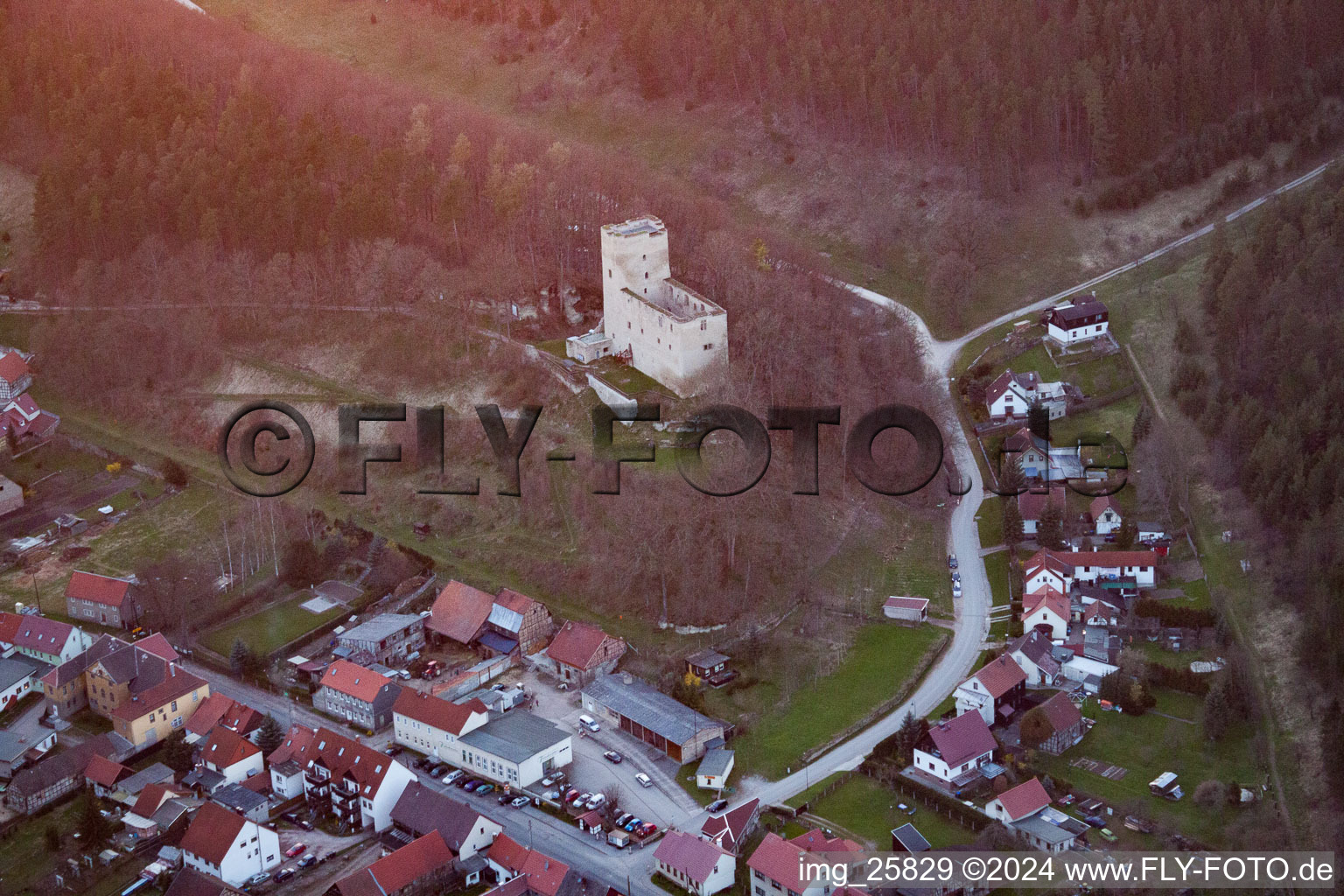 Aerial view of Ruins and vestiges of the former fortress Liebenstein in Liebenstein in the state Thuringia, Germany