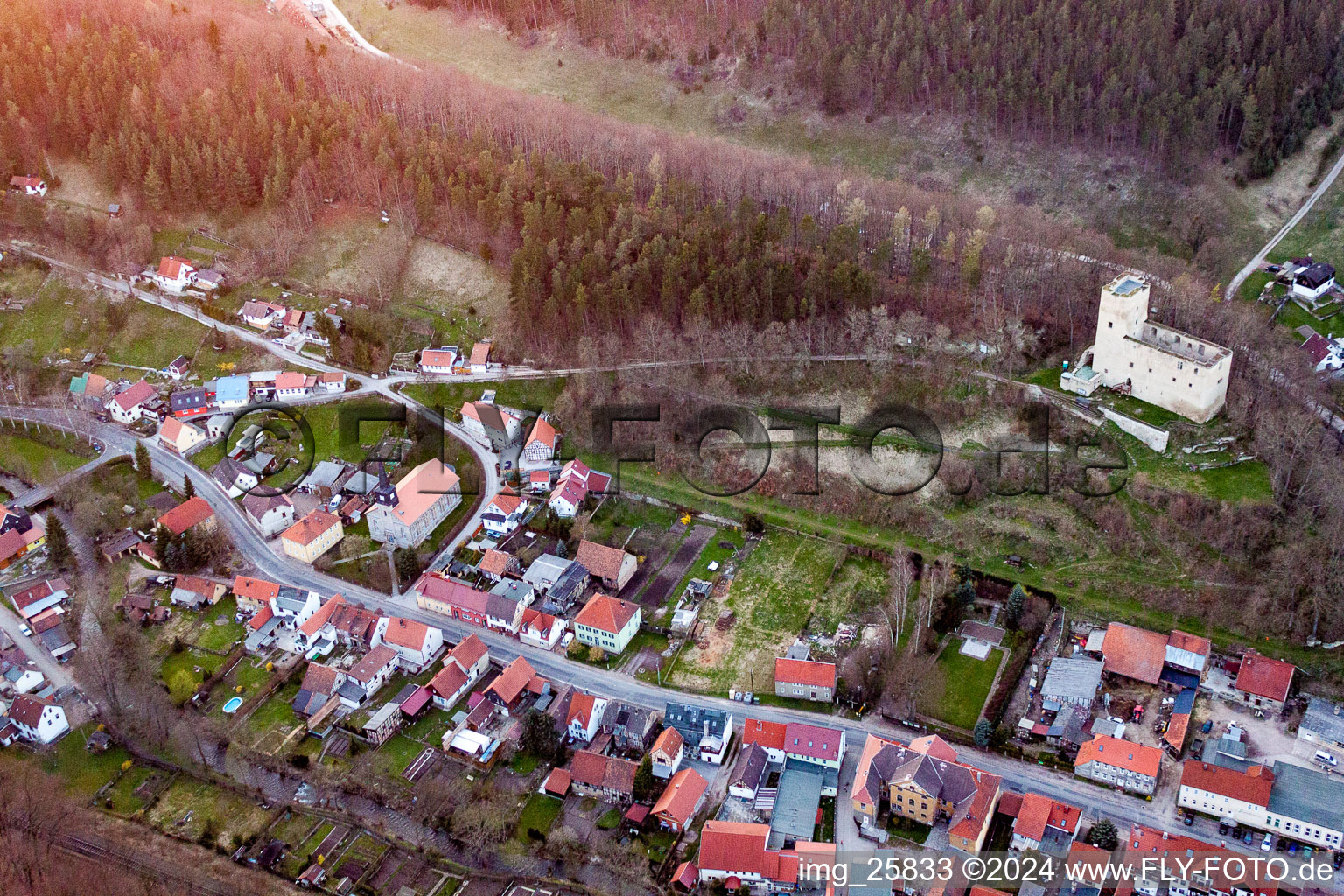 Aerial photograpy of Ruins and vestiges of the former fortress Liebenstein in Liebenstein in the state Thuringia, Germany