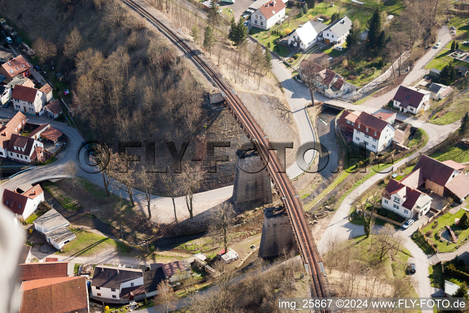 Aerial photograpy of Railway bridge building to route the train tracks in Angelroda in the state Thuringia