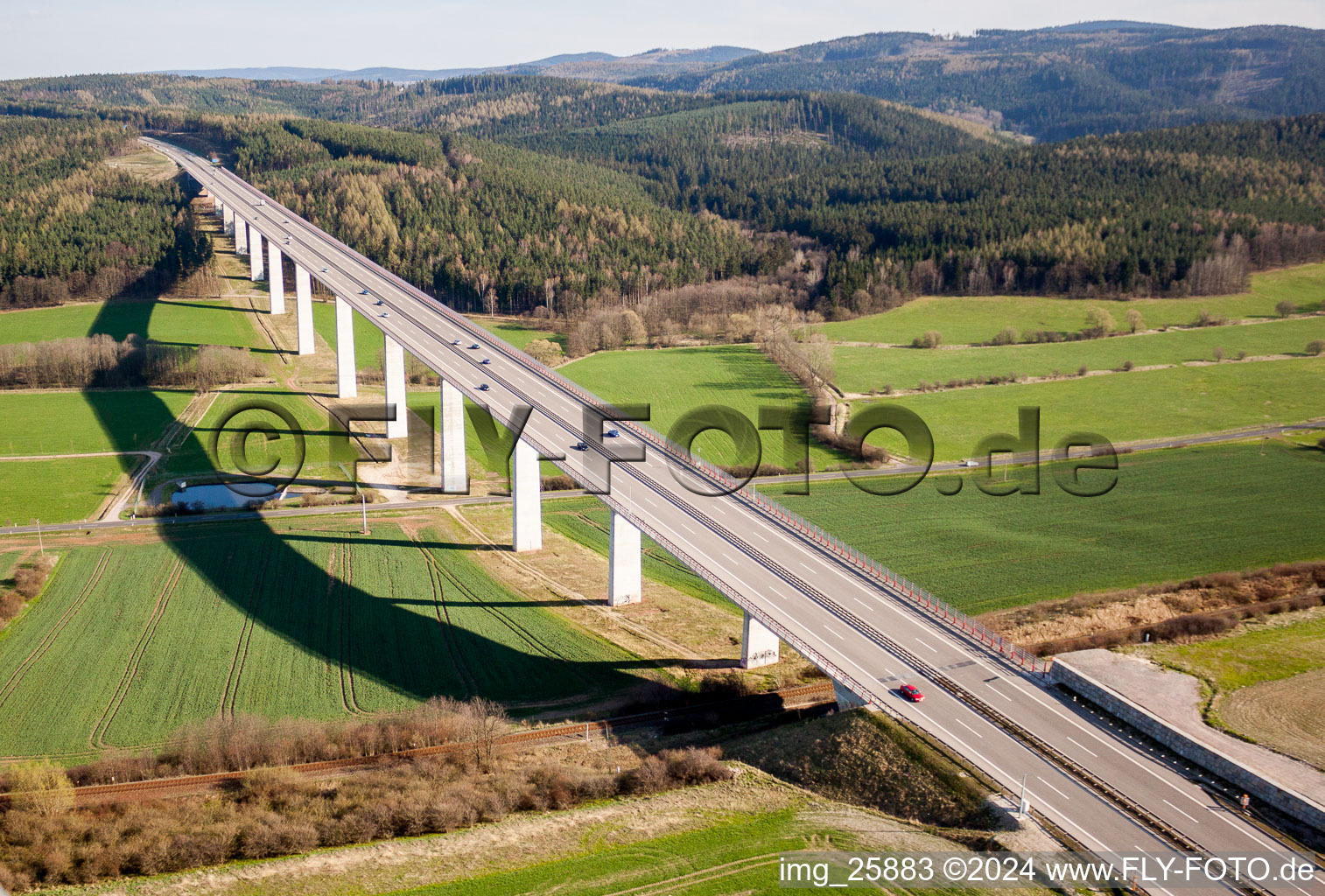 Routing and traffic lanes over the highway bridge in the motorway A 71 ueber das Tal of Reichenbach in Martinroda in the state Thuringia, Germany