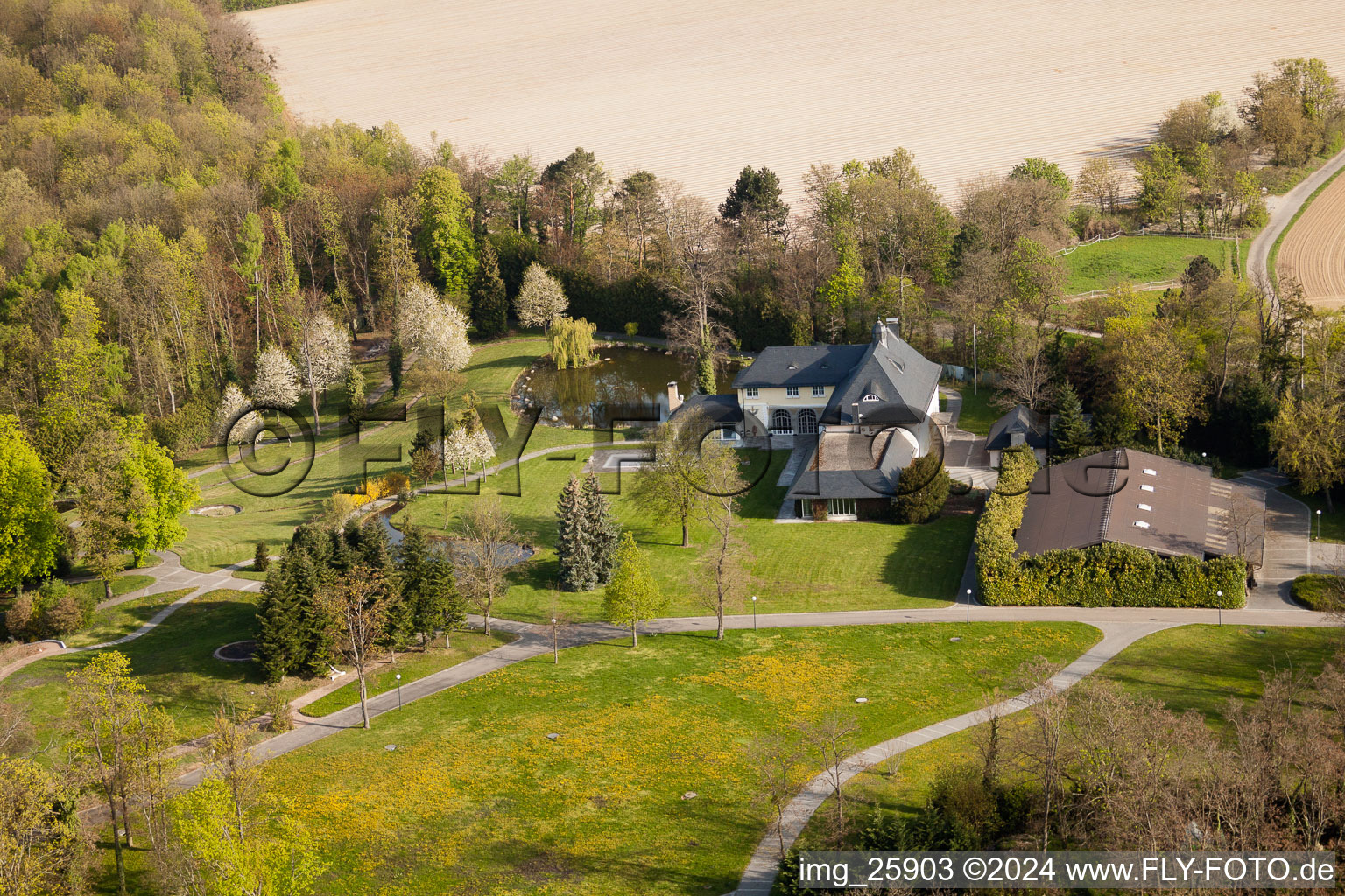 Aerial view of Former Schmieder villa in the district Durlach in Karlsruhe in the state Baden-Wuerttemberg, Germany