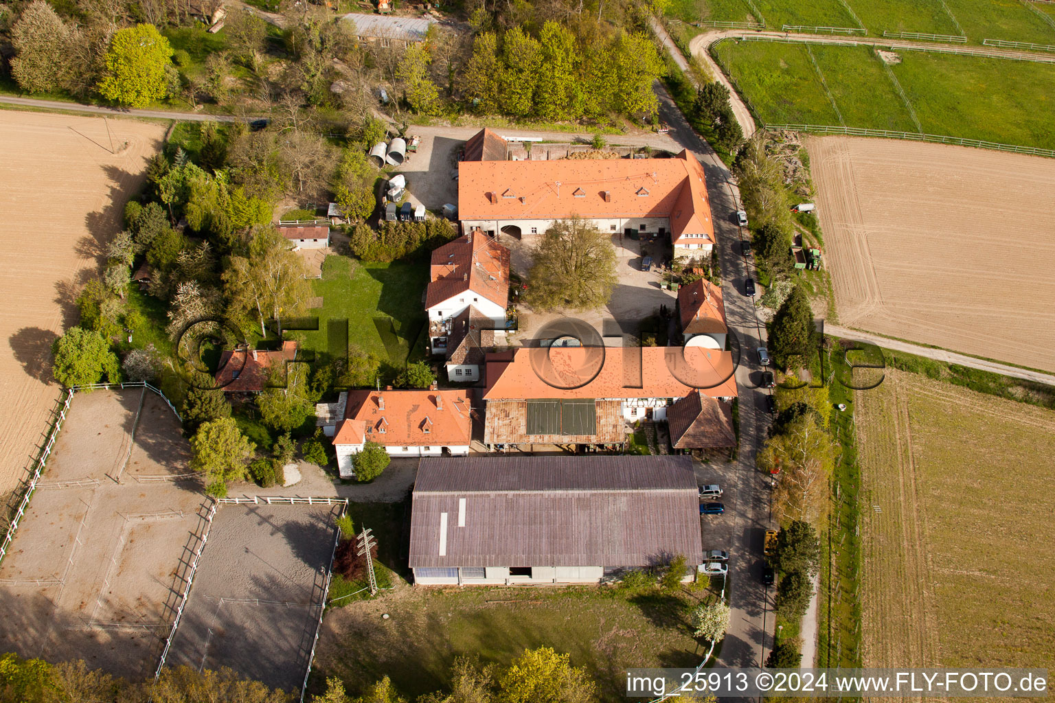 Rittnerhof in the district Durlach in Karlsruhe in the state Baden-Wuerttemberg, Germany from a drone