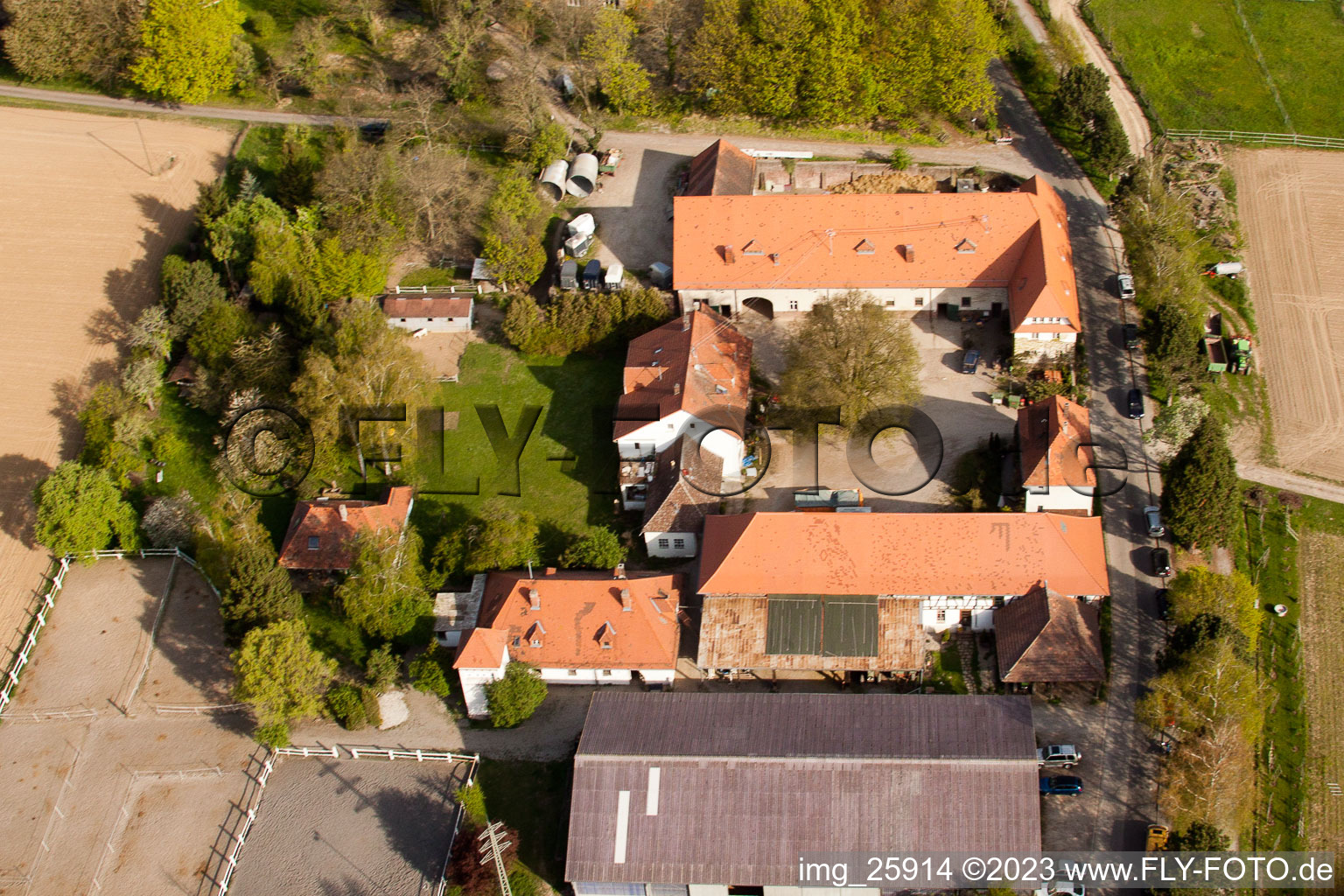 Rittnerthof in the district Durlach in Karlsruhe in the state Baden-Wuerttemberg, Germany seen from a drone