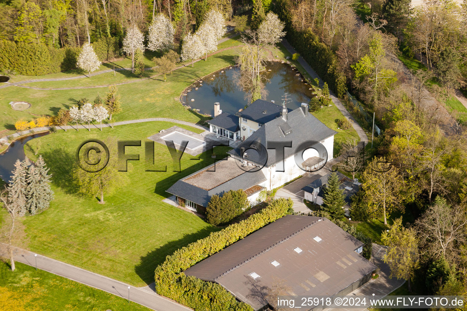 Former Schmieder villa in the district Durlach in Karlsruhe in the state Baden-Wuerttemberg, Germany from above