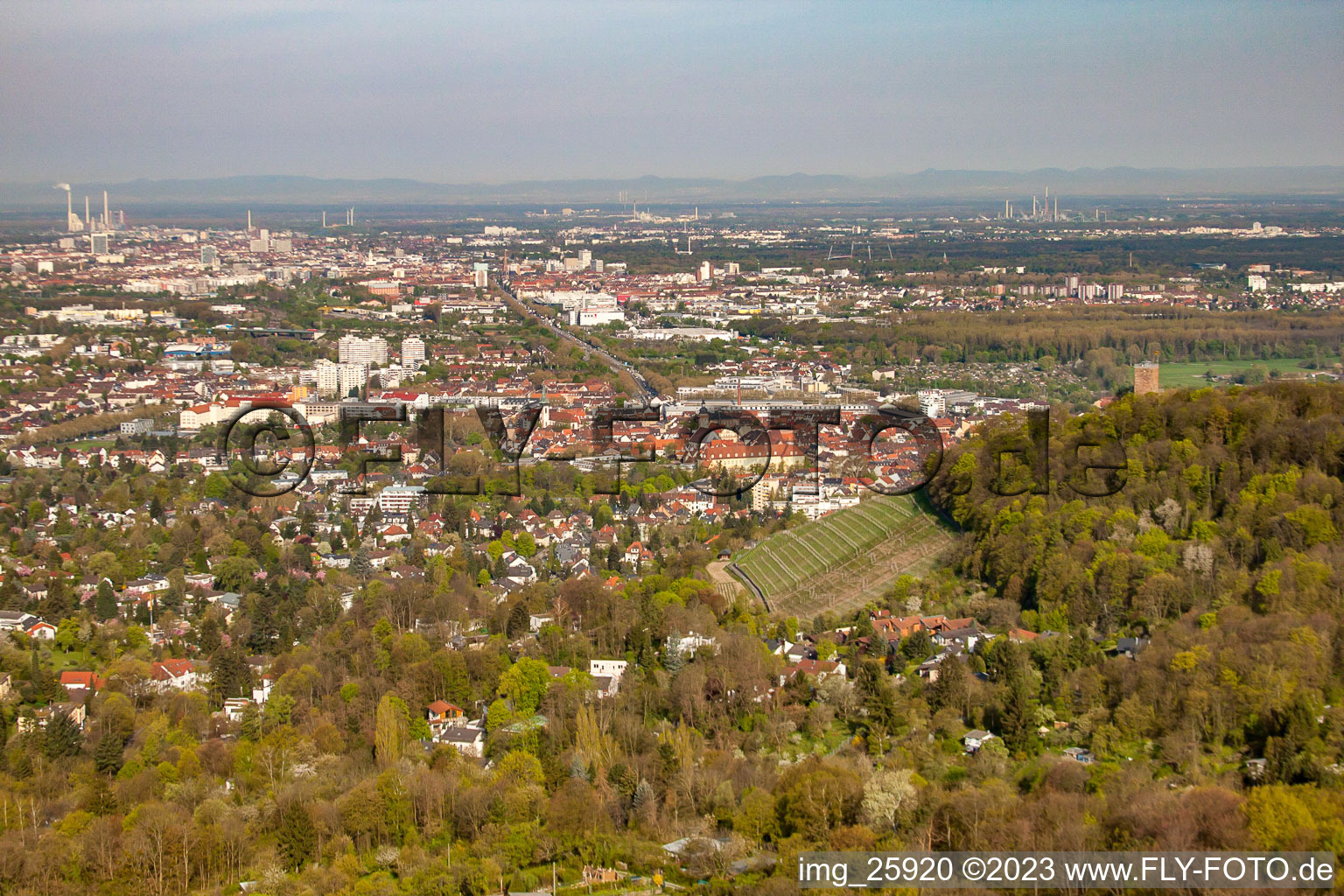 Aerial view of From the east in the district Durlach in Karlsruhe in the state Baden-Wuerttemberg, Germany