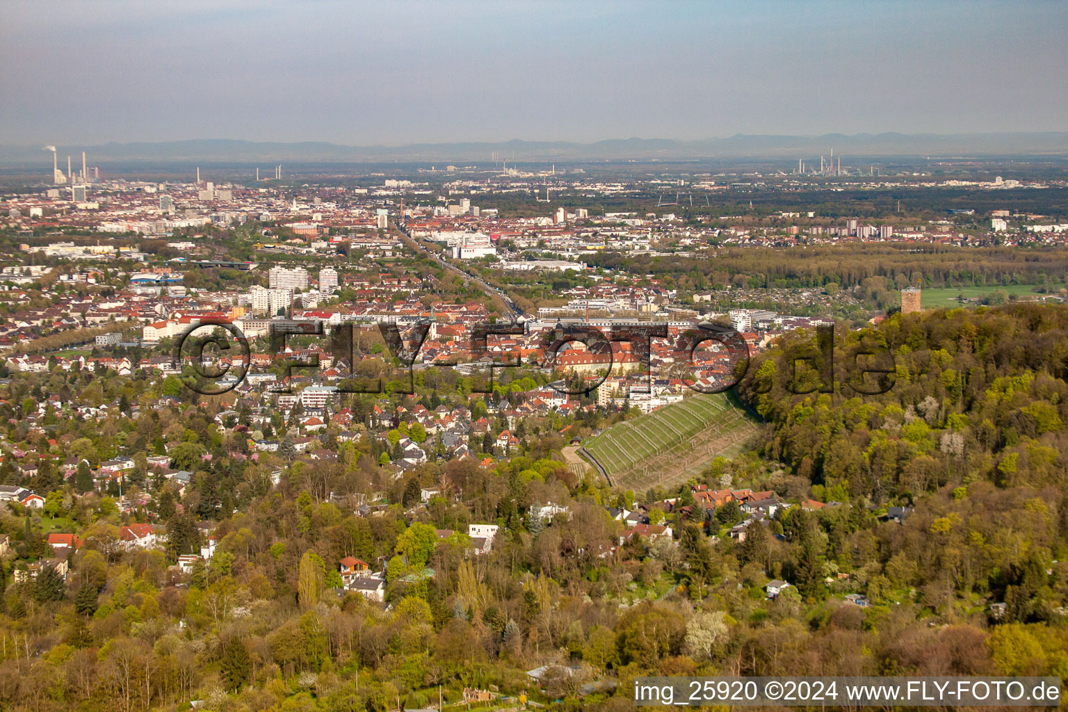 Aerial view of From the east in the district Durlach in Karlsruhe in the state Baden-Wuerttemberg, Germany