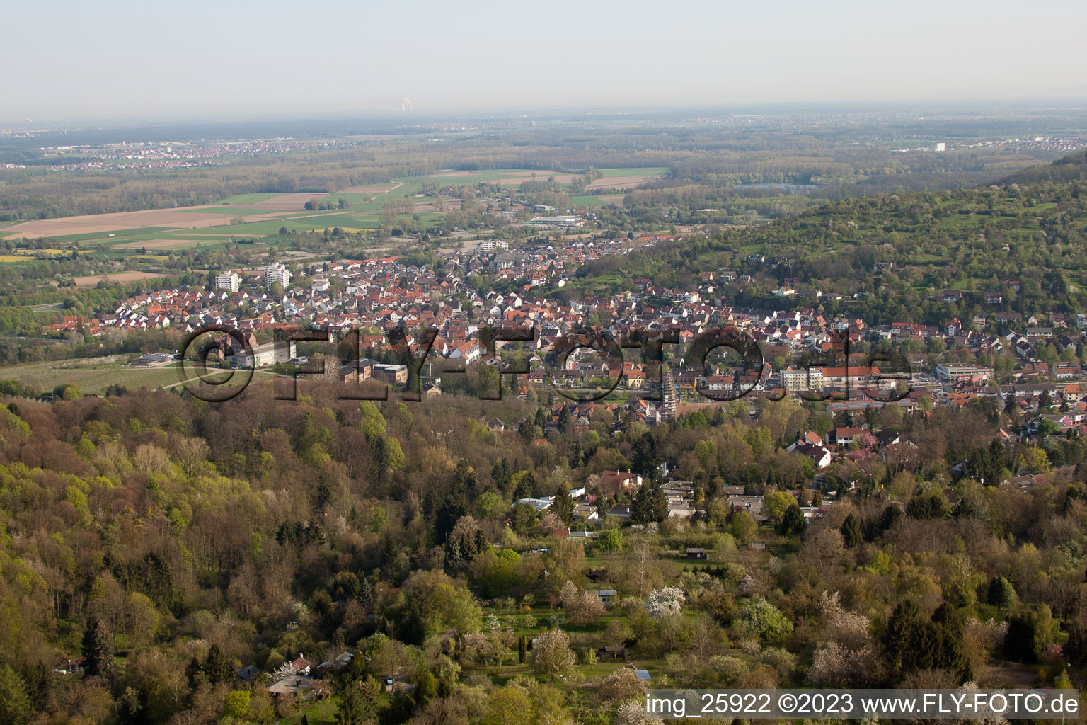 Aerial photograpy of From the south in the district Grötzingen in Karlsruhe in the state Baden-Wuerttemberg, Germany