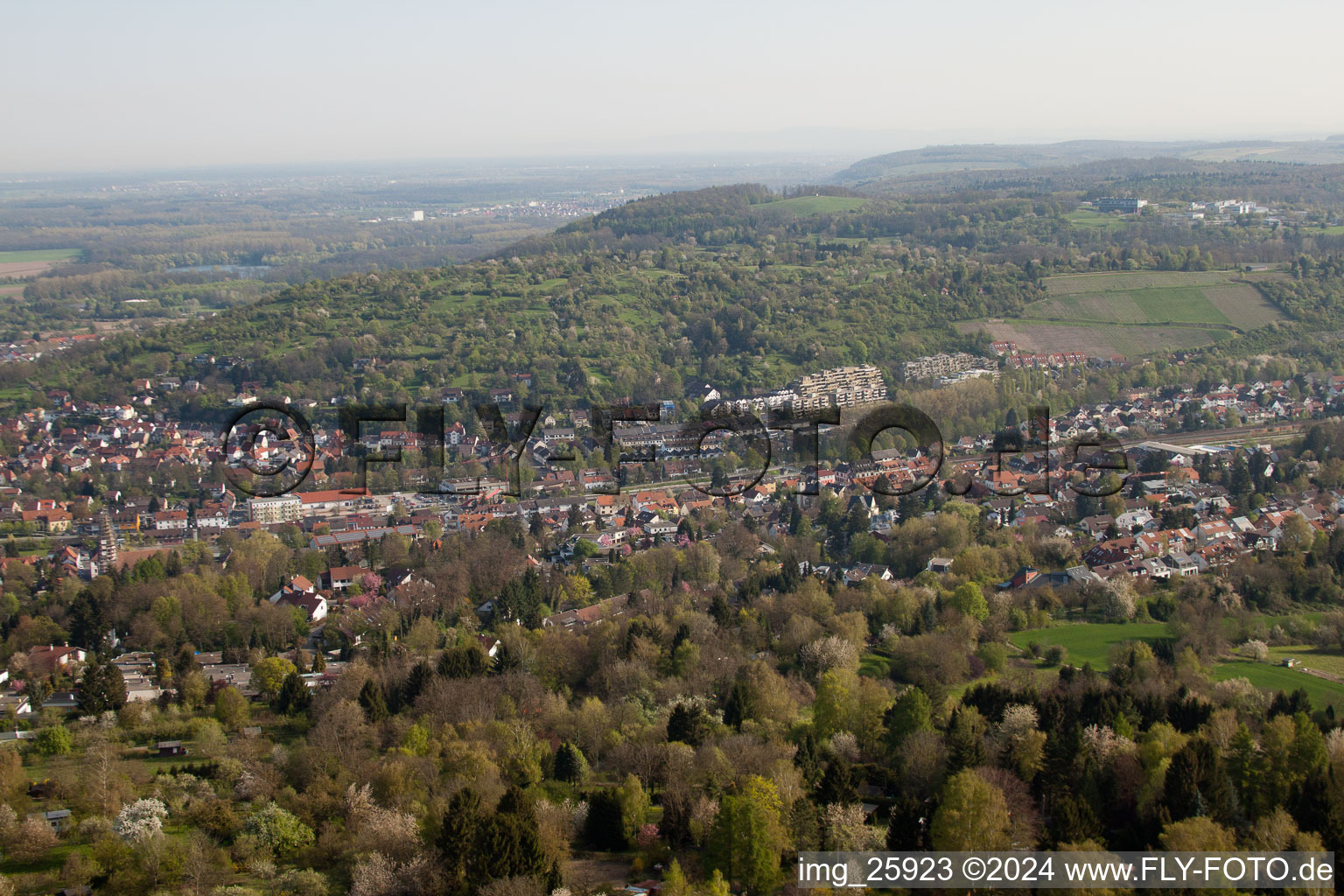 Oblique view of From the south in the district Grötzingen in Karlsruhe in the state Baden-Wuerttemberg, Germany