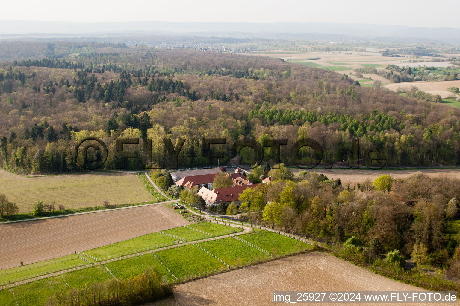 Oblique view of Rittnerhof in the district Durlach in Karlsruhe in the state Baden-Wuerttemberg, Germany