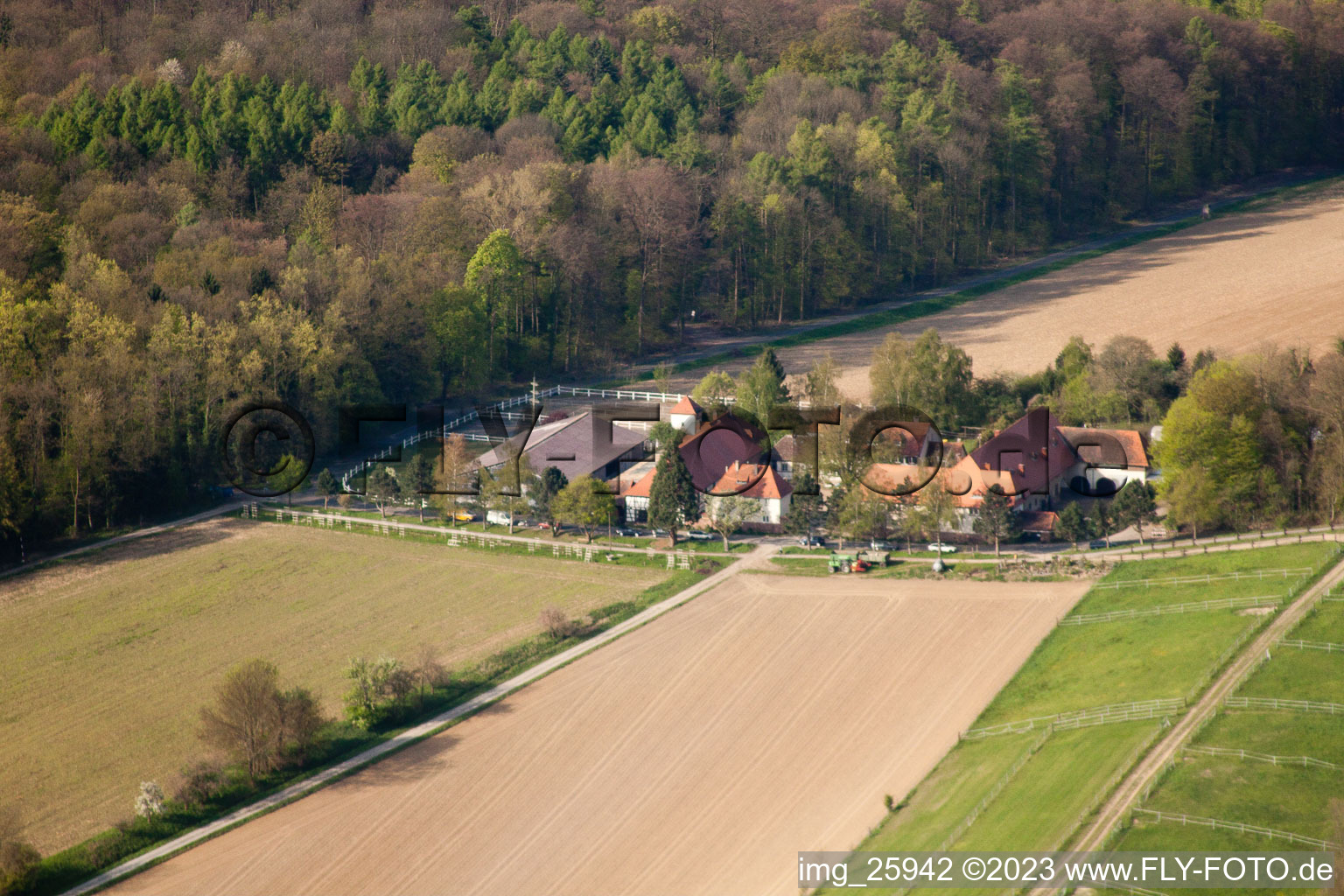 Rittnerthof in the district Durlach in Karlsruhe in the state Baden-Wuerttemberg, Germany from the drone perspective