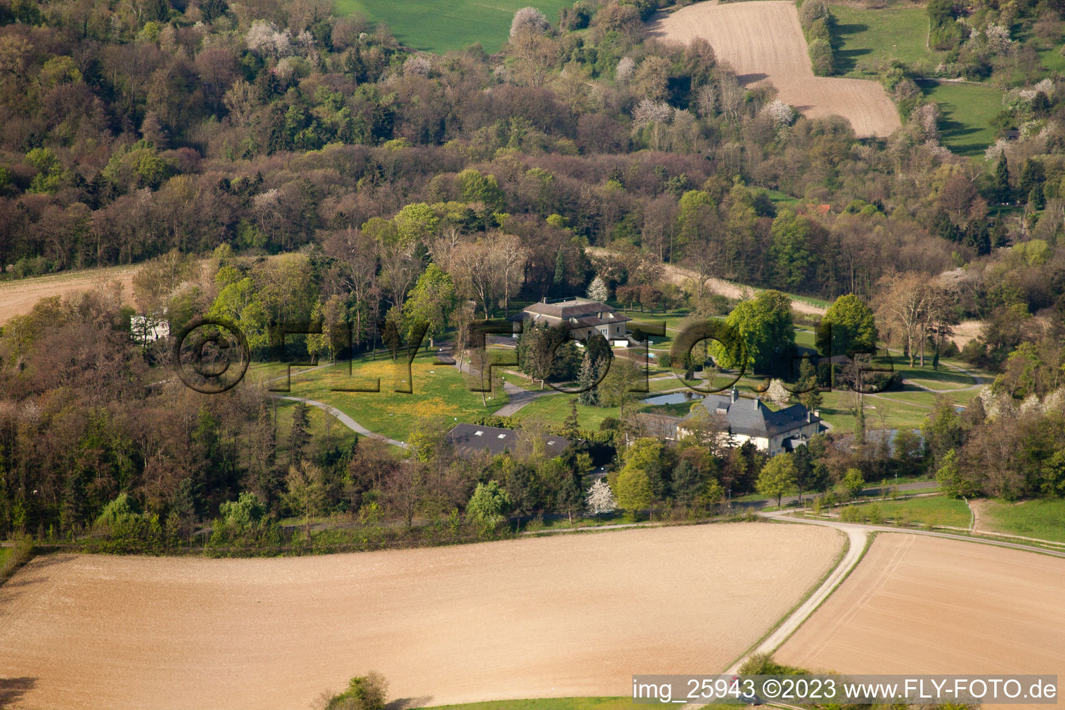 Former blacksmith's villa in the district Durlach in Karlsruhe in the state Baden-Wuerttemberg, Germany seen from above