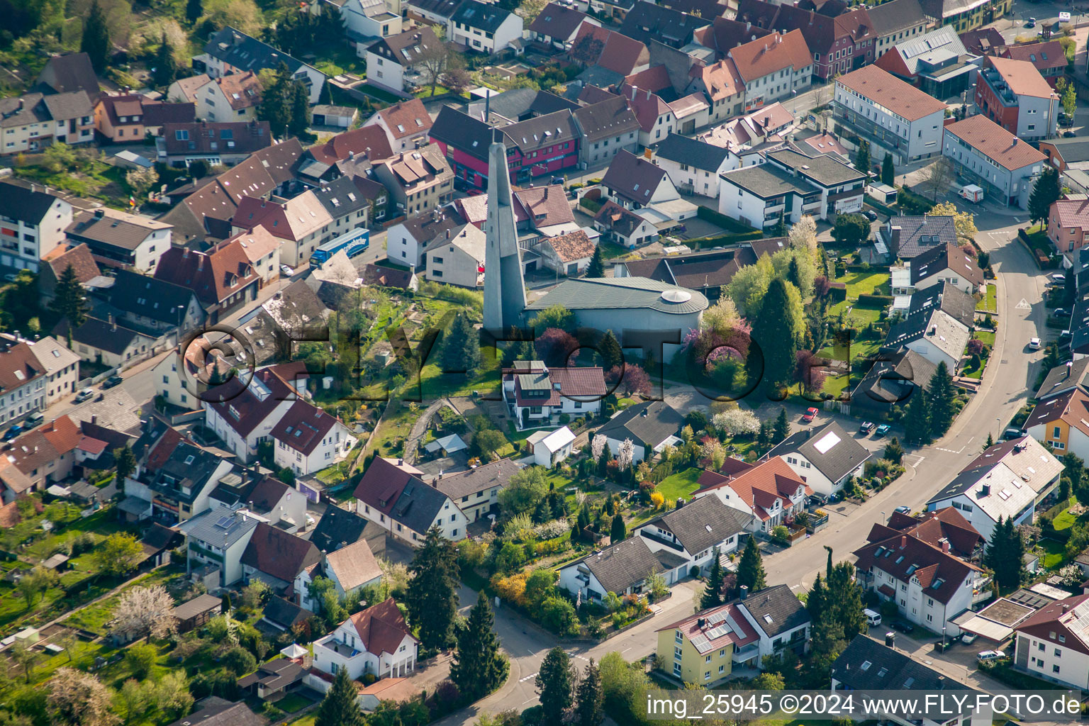 Catholic Church from the West in the district Berghausen in Pfinztal in the state Baden-Wuerttemberg, Germany