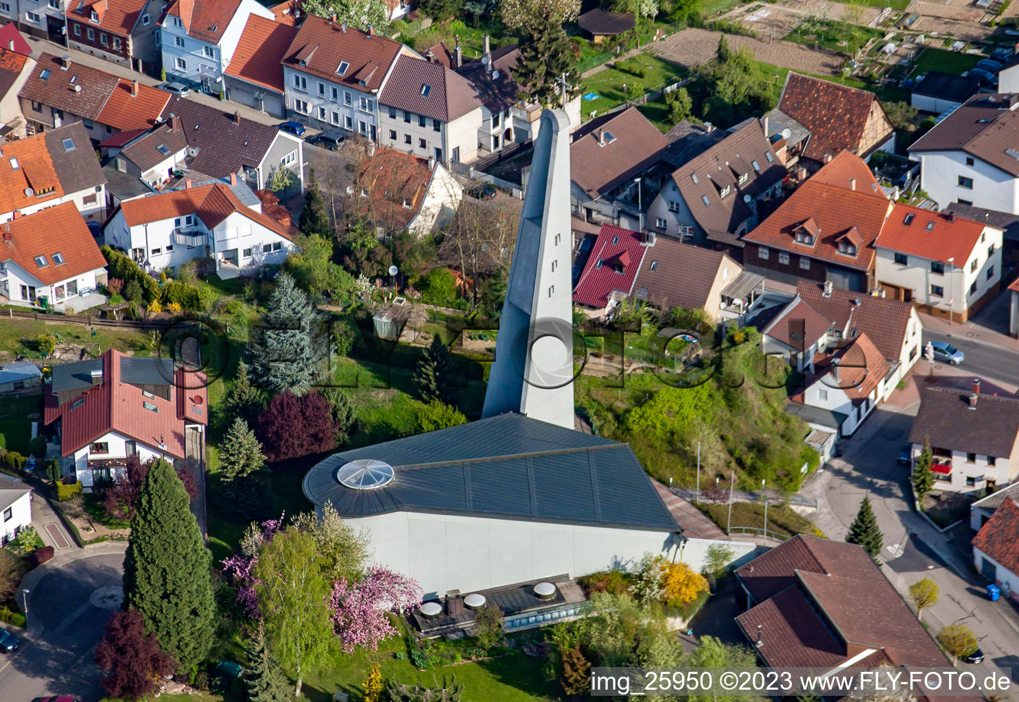 Catholic church from the southeast in the district Berghausen in Pfinztal in the state Baden-Wuerttemberg, Germany