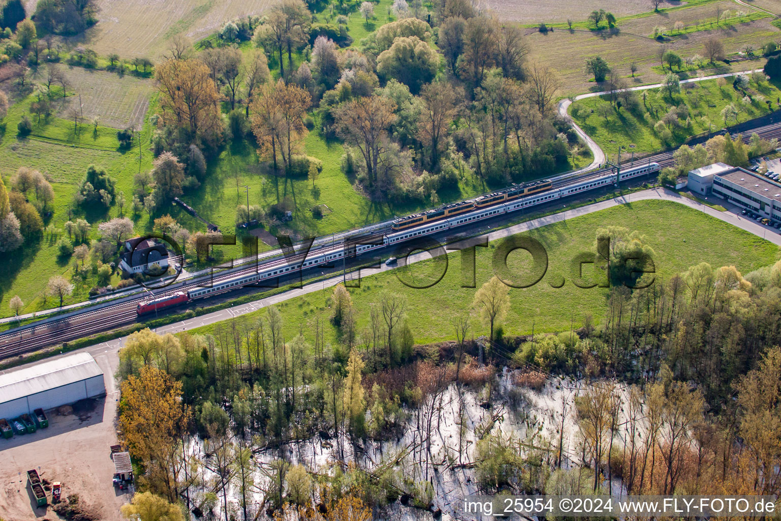 Aerial view of Biotope and railway line at Reetzstr in the district Berghausen in Pfinztal in the state Baden-Wuerttemberg, Germany