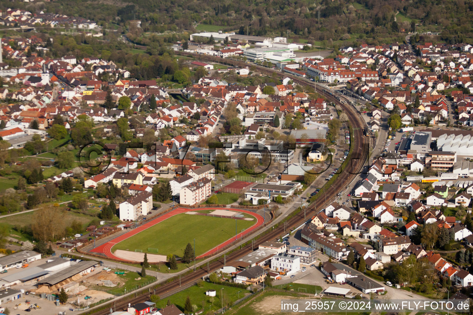 Aerial view of School building of the Ludwig-Marum-Gymnasium Pfinztal in the district Berghausen in Pfinztal in the state Baden-Wurttemberg