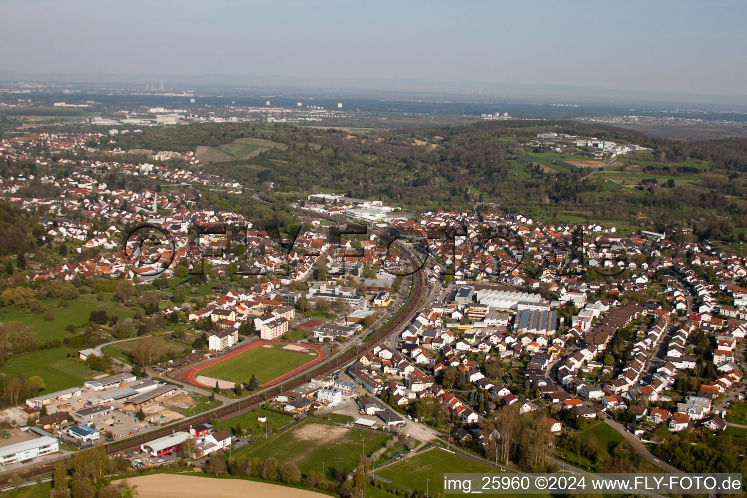 Aerial photograpy of School building of the Ludwig-Marum-Gymnasium Pfinztal in the district Berghausen in Pfinztal in the state Baden-Wurttemberg