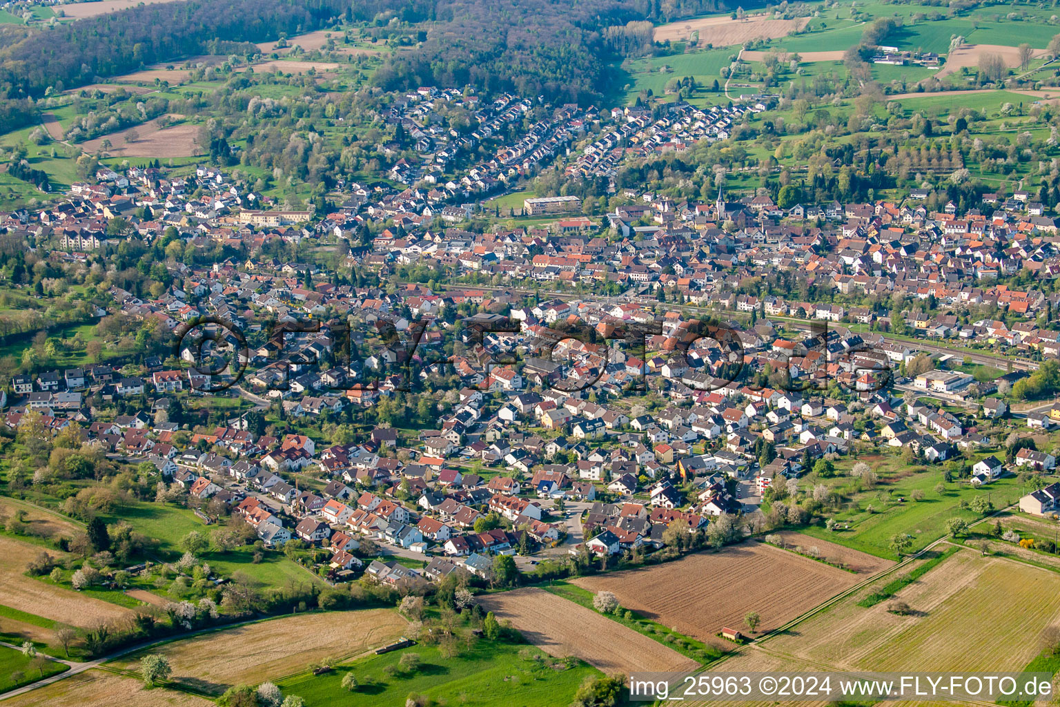 Berghausen from the south in the district Wöschbach in Pfinztal in the state Baden-Wuerttemberg, Germany