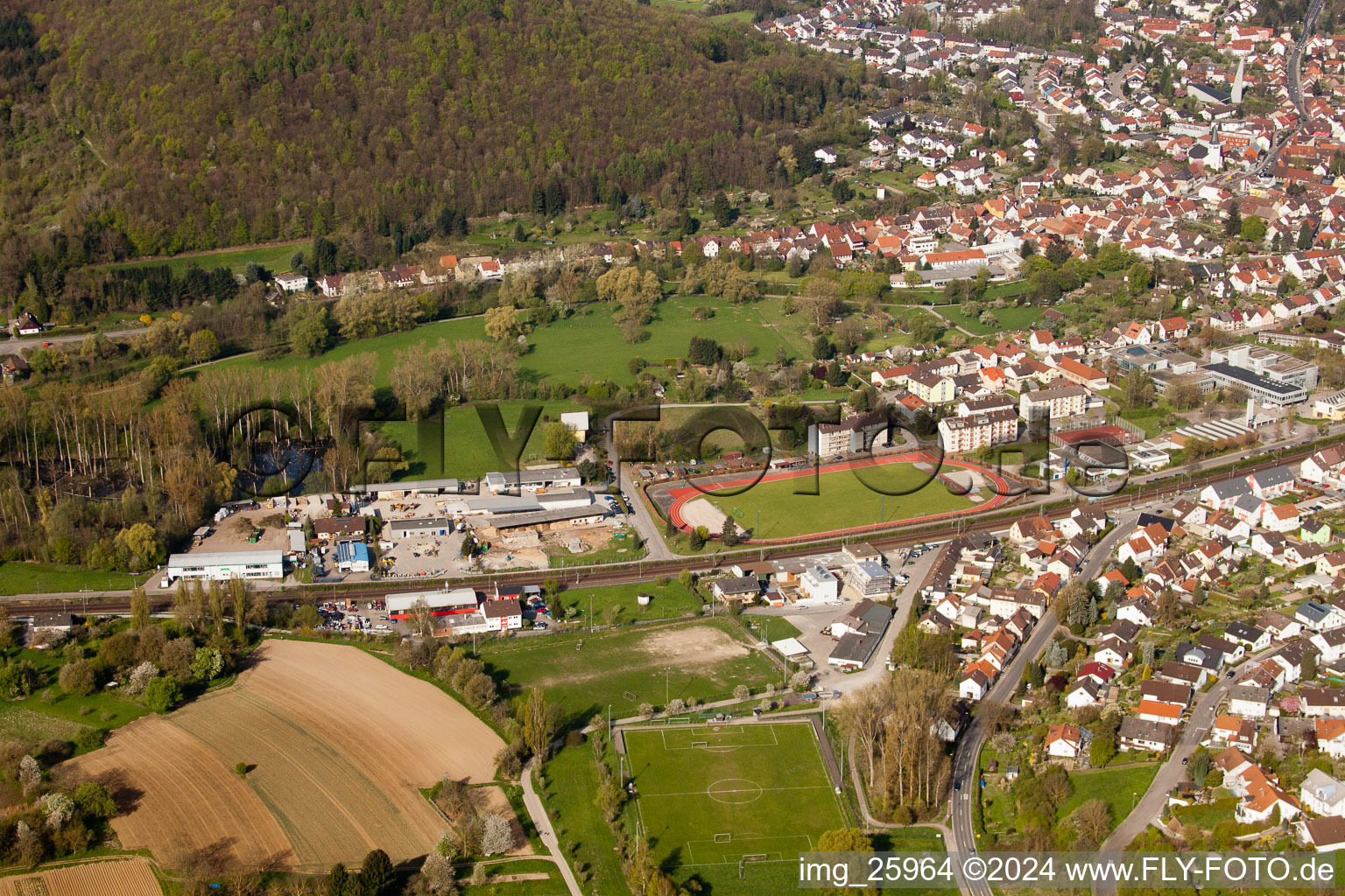 Oblique view of School building of the Ludwig-Marum-Gymnasium Pfinztal in the district Berghausen in Pfinztal in the state Baden-Wurttemberg